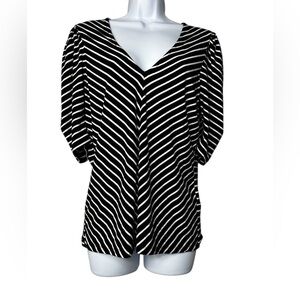 FRAME Shirred Top Women Size Medium Striped Puff Sleeve V-neck Tee Noir Multi